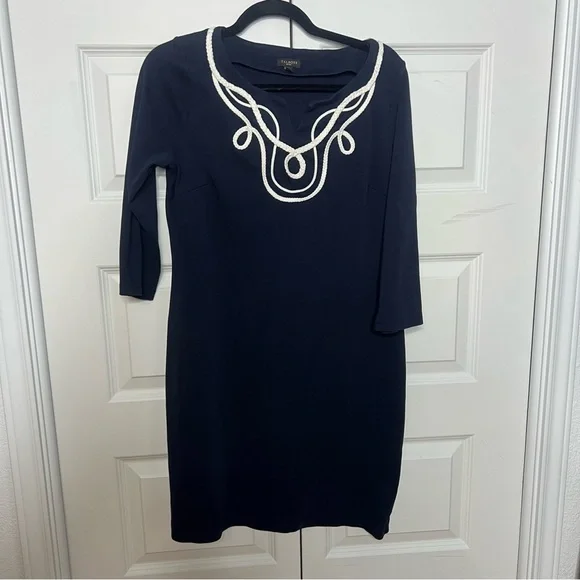 Talbots Navy Dress Large Petite Nautical Rope Trim 3/4 Sleeve - Picture 2 of 6